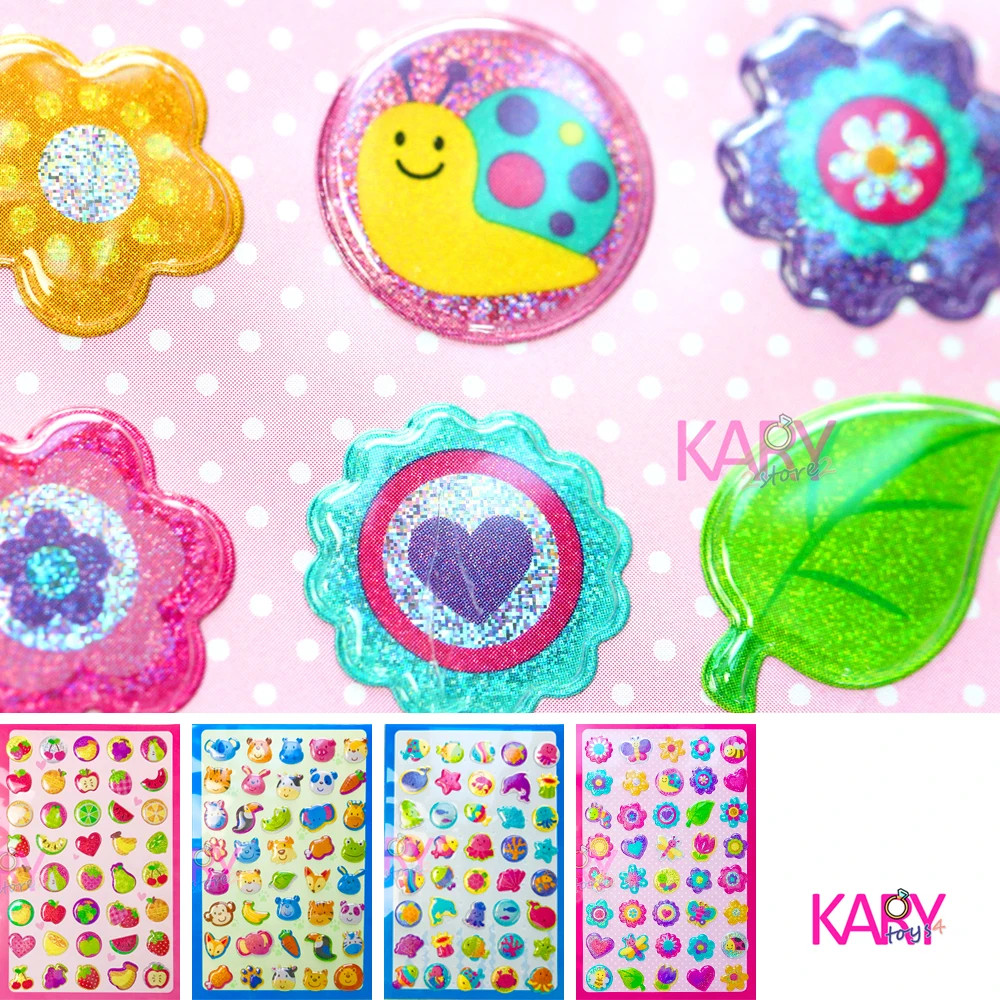 

Fruit Marine Safari Animal Insect Flower Shiny Sparkle Bubble Stickers High Quality Scrapbooking Emoji Reward Kids Children Toys