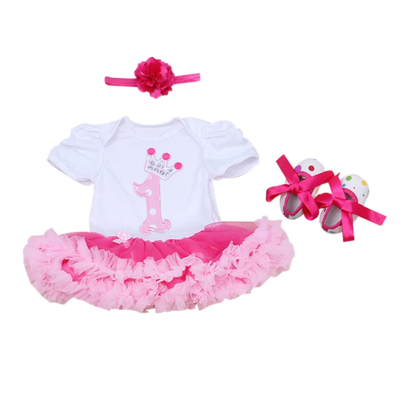 

Baby Rompers 3PCs Infant Clothing Set Baby Girls Hot Pink 1st Birthday Tutu Dress Jumpersuit Headband Shoes
