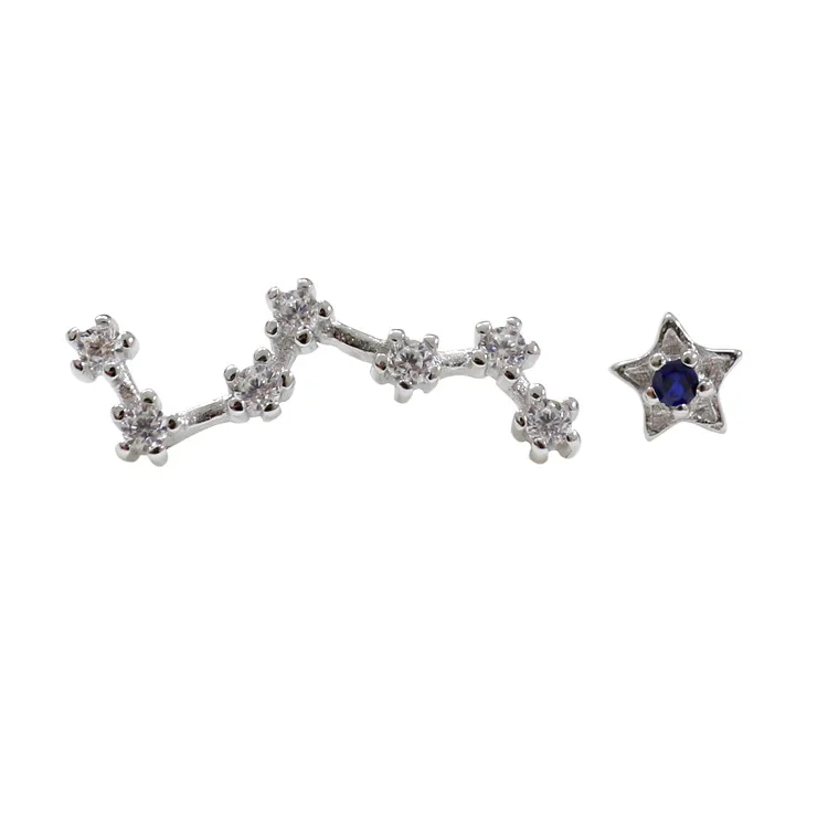 Асимметричные серьги 100% Аутентичные серебро 925 пробы Белый/Синий cz & Star