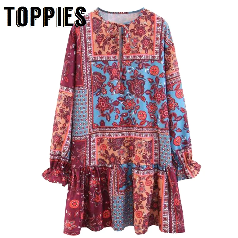 

2019 Spring Summer Bohemia Mini Dress Vintage Printing Straight Dress Round Neck Lantern Sleeve Loose Jumpers