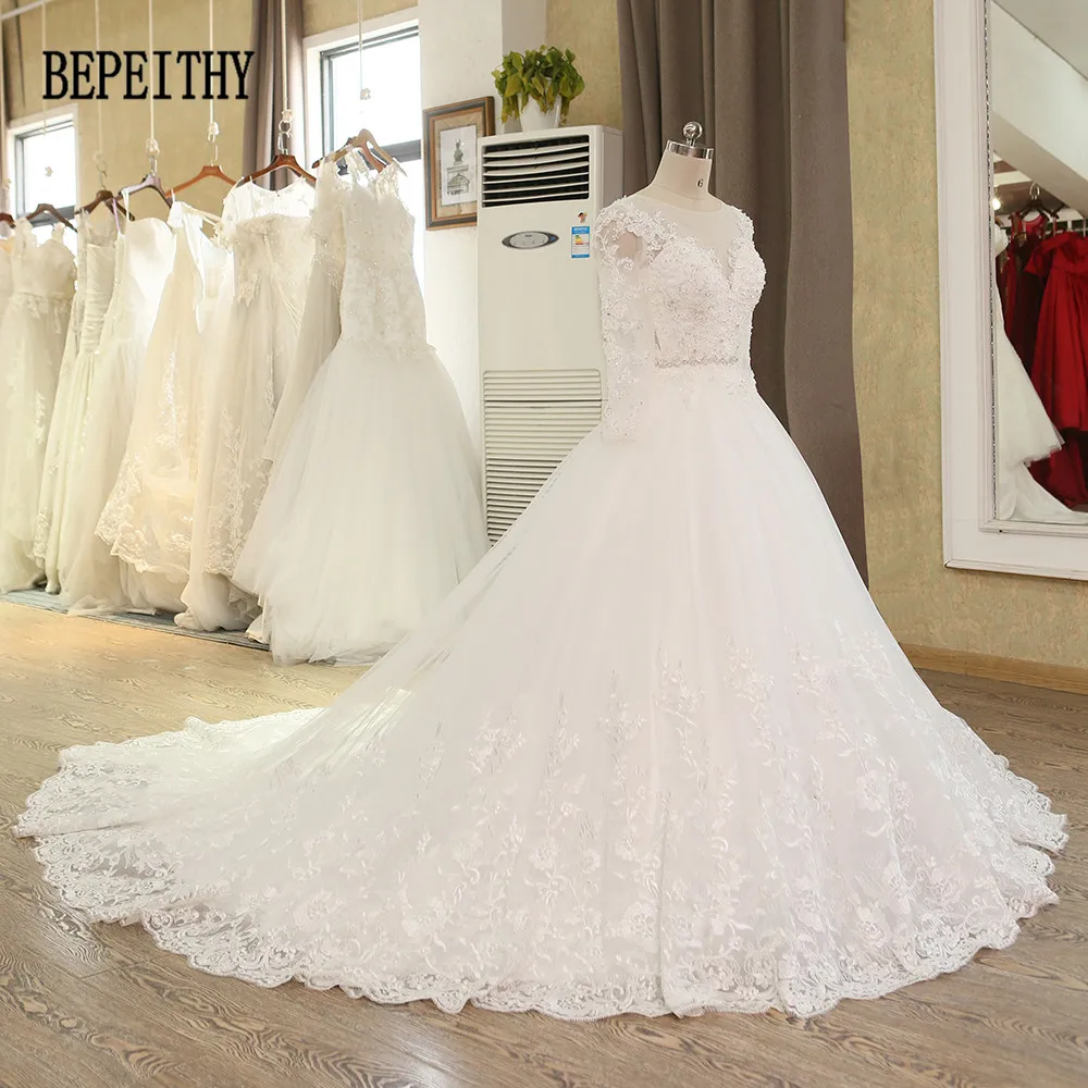 BEPEITHY настоящая фотография Robe De Mariage бальное платье c аппликациями кружева хрустальный пояс длинный рукав свадебное платье Vestido De Novia