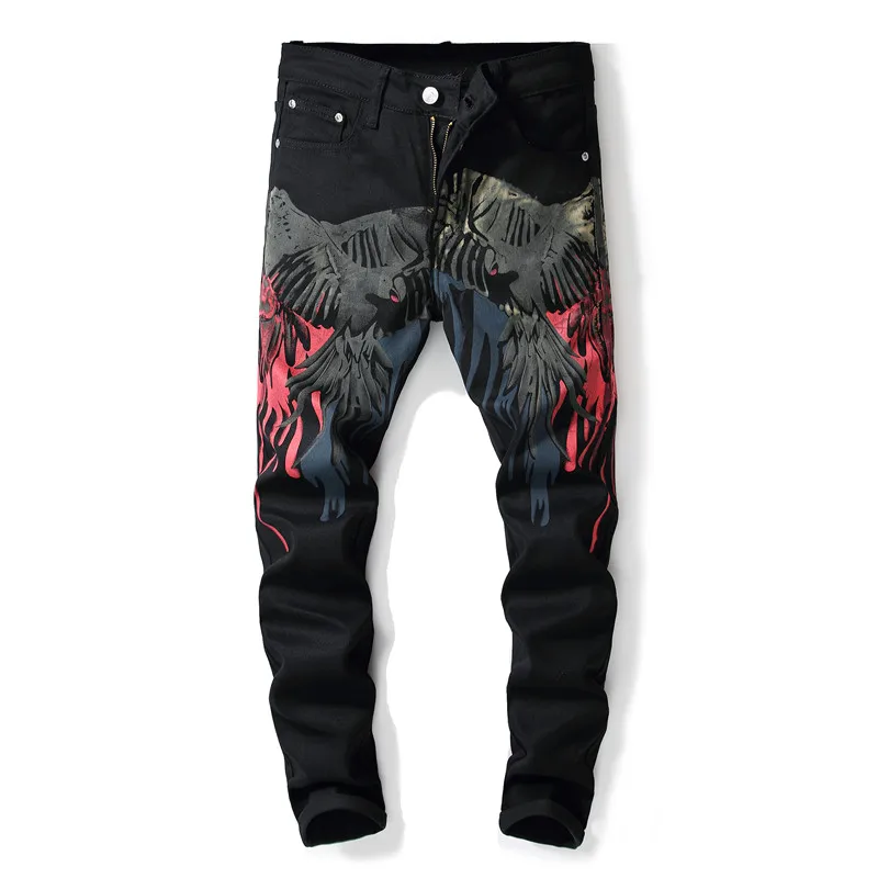 

Hot Sale European American Style 2019 Fashion brand mens black print jeans luxury Men slim denim trousers Slim Pants black jeans