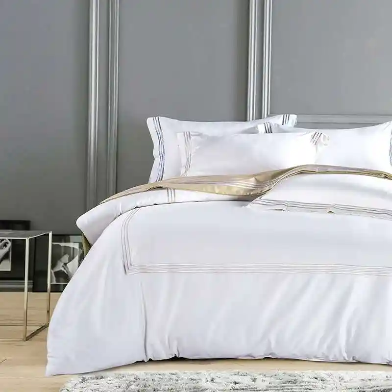 Pure White Luxury Hotel Bedding Sets King Queen Size Silver Gold