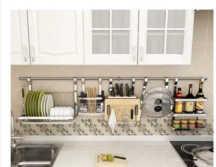 Stainless steel kitchen shelving. Wall hanging wall perforation plus thick knife rack. Seasoning rack. Hang rod.003