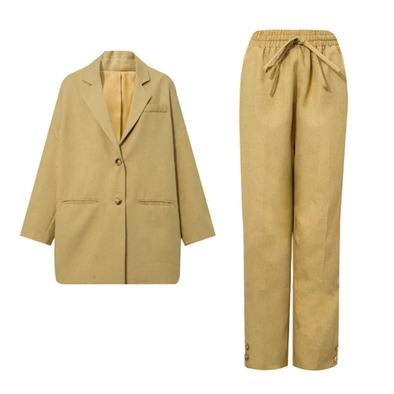 

PERHAPS U yellow gray turn dwon collar long sleeve blazer top Lace-up elastic waist ankle-length pants two pieces set T0085