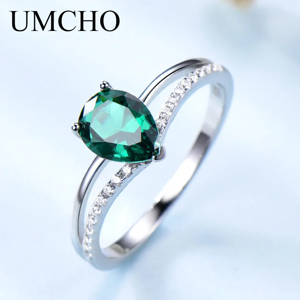Кольцо UMCHO из настоящего серебра 925 пробы с искусственным изумрудом в форме капли