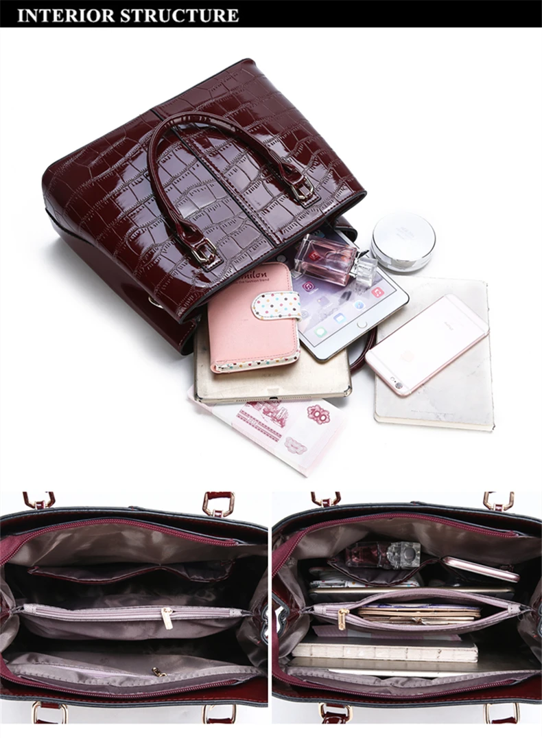 Burminsa 3 комплекта крокодиловые черные лакированные кожаные сумки женские сумки через плечо винтажные композитные сумки с сумочкой-клатчем