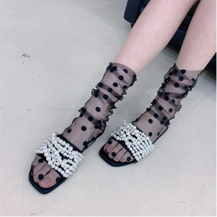 

2019 NEW Women's Harajuku Breathable Transparent Mesh Small Polka Dots Socks Lady Net Yarn Fishnet Dots Socks Female Hosiery Sox