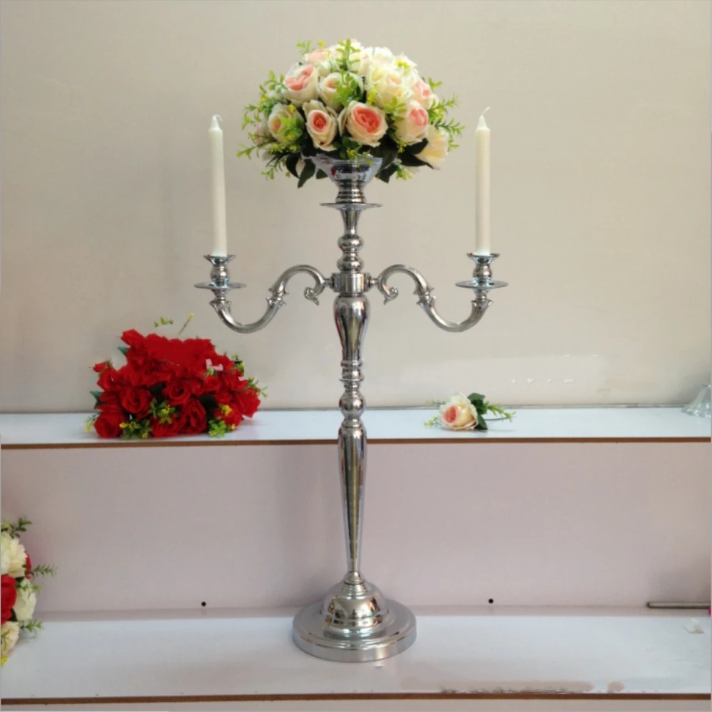 Silver finish candelabrum 78 cm height 3 arms candelabra with flower