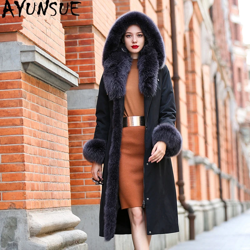 

AYUNSUE Real Fur Coat Female Natural Luxury Rabbit Fur Parka 2019 Winter Jacket Women Real Fox Fur Collar Warm Long Coats MY3497