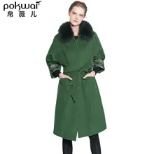 POKWAI Winter Embroidery Green Wool Coat Women Elegant Belt Slim Womens Long Coats 2017 Luxury Fur Collar Ladies Overcoats Parka