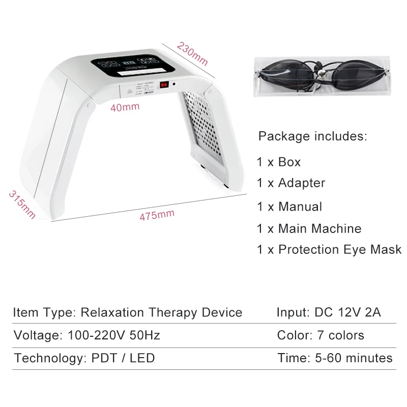 7 цветов PDF светодиодный освещение, светодиодное маска омоложения кожи Фотон устройства спа угорь против морщин красный светодиодный свет лечения