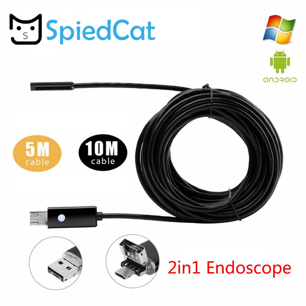 

7mm HD 720P 2MP 2in1 Micro USB Endoscope 5/10M soft Cable 6LED Lens Waterproof Android/PC Inspection Borescope Tube Camera