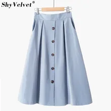 Элегантная летняя хлопковая смесь консервативная плиссированная юбка однобортные пуговицы миди трапециевидной формы юбки сплошной цвет эластичная талия Faldas