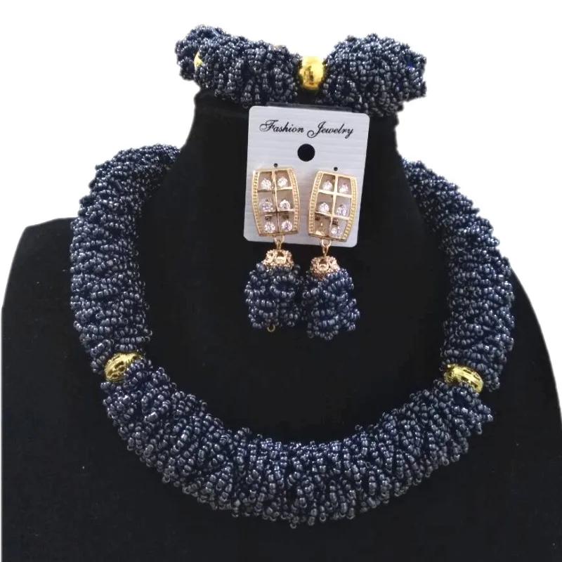 

African Wedding Dubai Jewelry Bold Grey Nigerian Beads For Women One Layer Choker Necklace Bracelet Earrings Set Free Ship