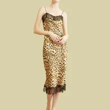 Женские сексуальные атласные шелковые юбки с леопардовым принтом, Прямая поставка, пижамы для дома, кружевные Длинные вечерние ночные рубашки для женщин