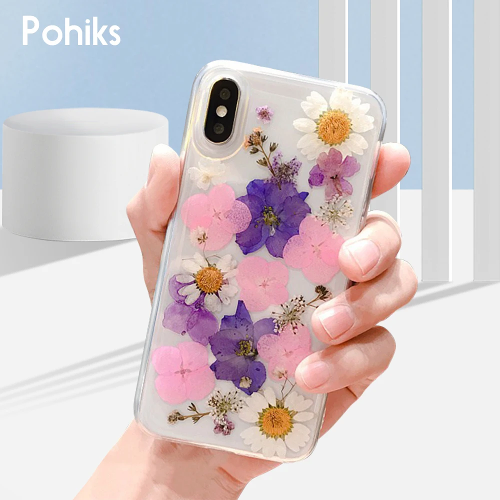 

Pohiks Phone BAck Cover for iphone 8 7 6 6s Real Dried Flowers Soft TPU Phone Case Cover For iPhone X XS MAX XR 8 Plus Fundas