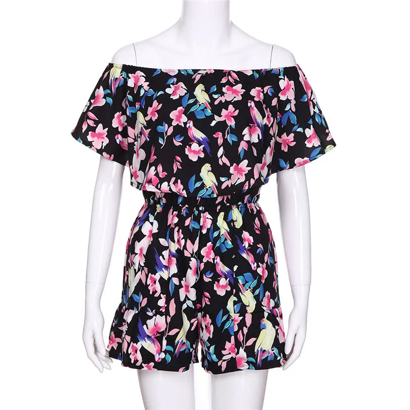 Fashion summer jumpsuit woman 2018 Off Shoulder Floral Bird Print Mini Playsuit Ladies Shorts Bodysuit pantaloni siamesi J21#N (7)