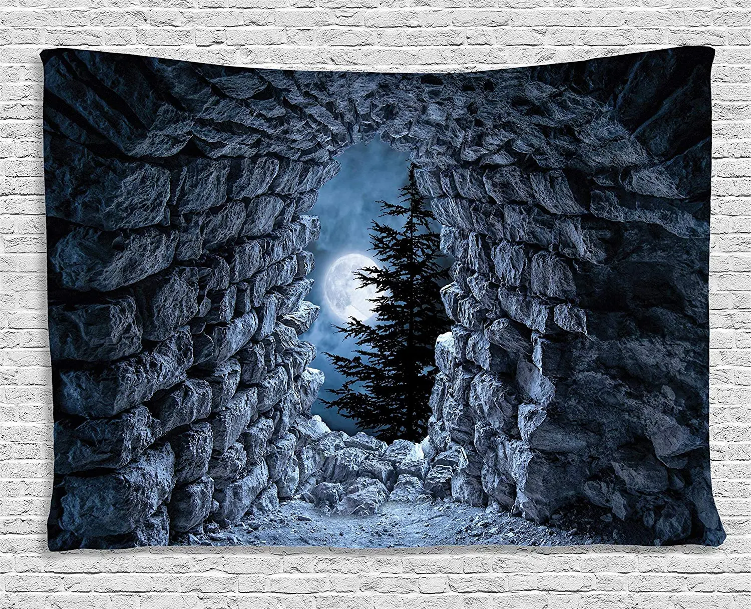 

Gothic Decor Tapestry Dark Cave with the Light of Full Moon at Night Scary Horror Medieval Gothic Theme Artwork Wall Hanging