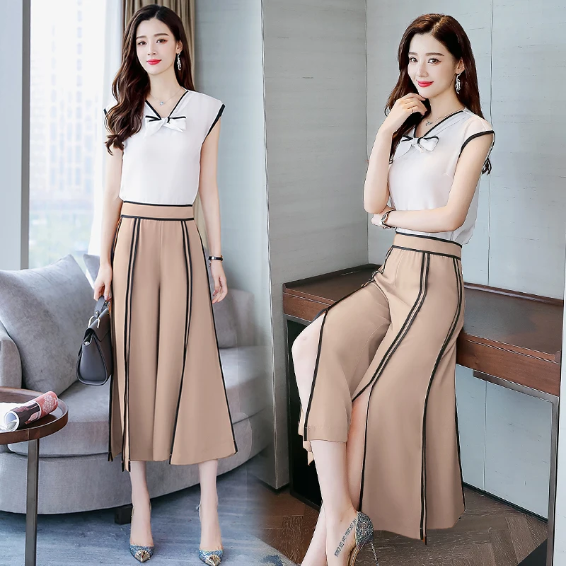 

2019 Women Summer 2 pieces sets woman short sleeve v neck tops and wide leg pants sweet girls two piece suits