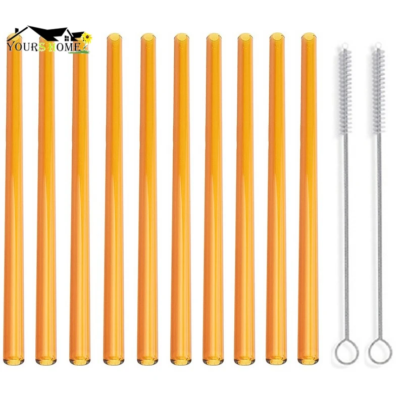 

10Pcs Straight Brown Glass Straws Clear 18cm" x 8 mm - Perfect Reusable Straw For Smoothies, Tea, Juice With 2Pcs Brushs