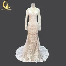 JIALINZEYI Real Picture Long Sleeves Lace Fashion Champagne Mermaid Sexy V Back Bridal Wedding Dresses Wedding Gown