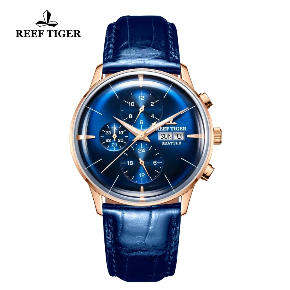 Мужские наручные часы Reef Tiger/RT Роскошные с синим циферблатом и двойным календарем