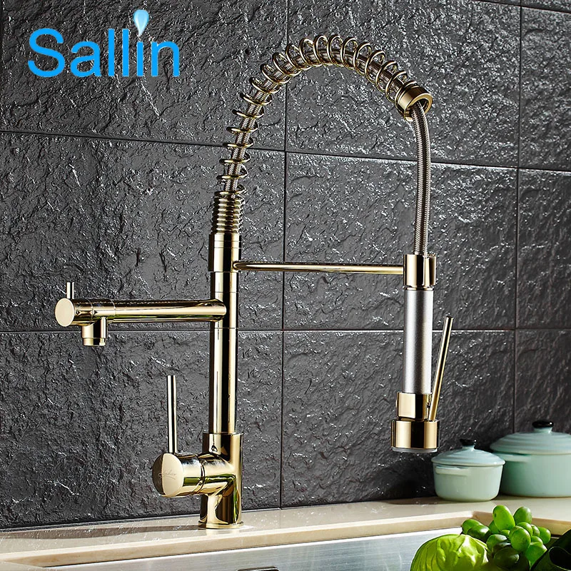 Luxury Gold Color New Kitchen Faucet Tap Two Swivel Spouts Extensible Spring Mixer Tap Gold Pull Out Down Kitchen Sink Faucet Luxury Gold Color New Kitchen Faucet Tap Two Swivel Spouts Extensible Spring Mixer Tap Gold Pull Out Down Kitchen Sink Faucet
