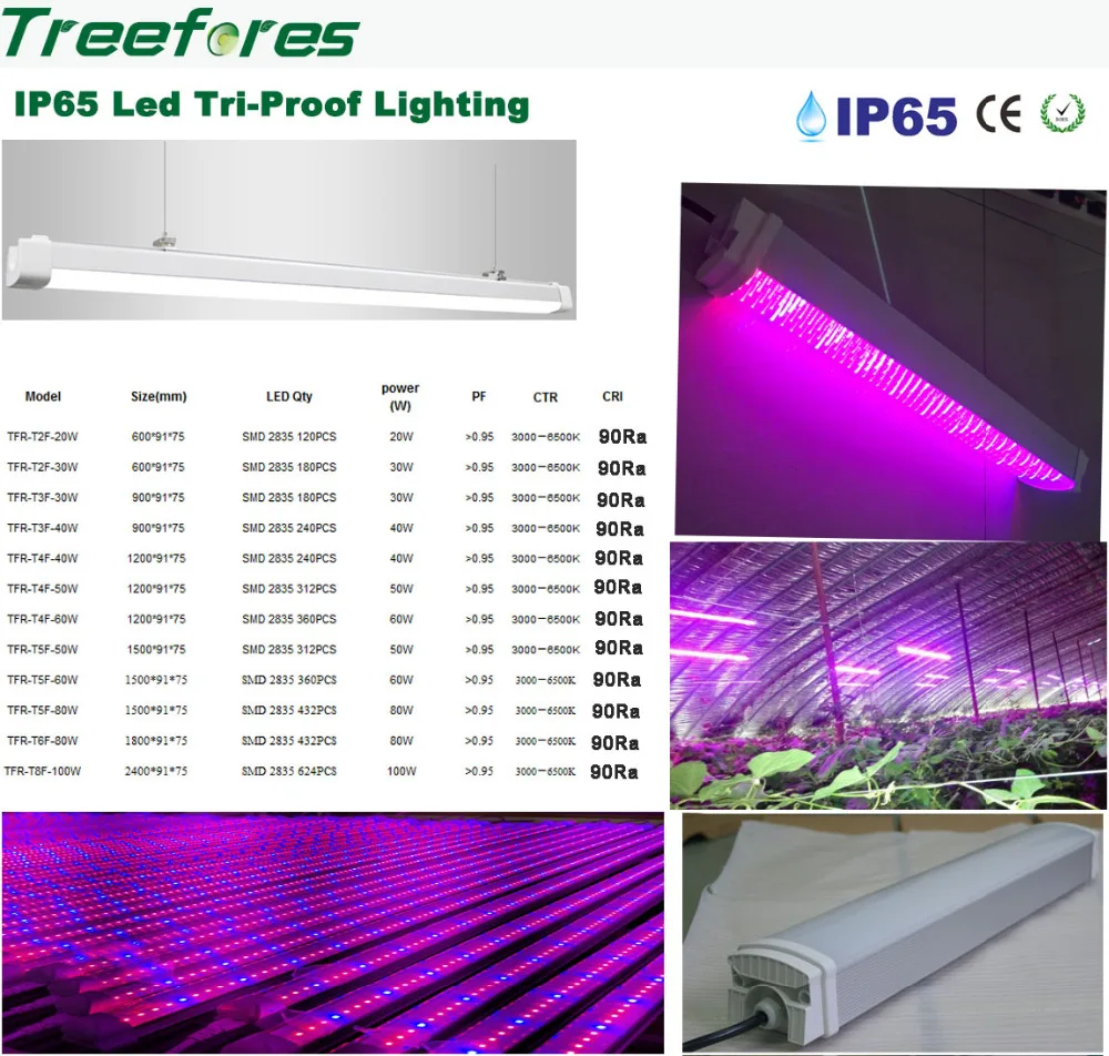 Полный спектр IP65 t8 90ra растет свет 20 Вт 30 Вт 40 Вт 50 Вт 60 Вт 80 Вт 100 Вт 2ft 3ft 4ft 5ft 6ft 8ft Баттен трубки Освещение