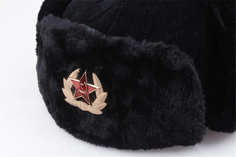 Soviet and Russia CCCP Soviet Star Russian National Emblem Winter Hat Outdoor Ear Flaps PU leather Bomber Cap USSR Earmuffs Cap leather bomber hats