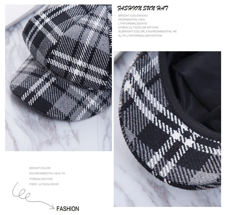 2018 New British Lattice Octagonal Fashion Hat Autumn And Winter Woolen Painter Hat Female Personality Wild Duck Tongue Hat ACB75 (6)
