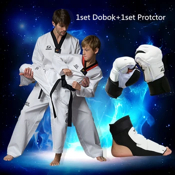 

Adult kids cotton breathable junior uniform dobok WTF Approved taekwondo clothes 1set protect gloves Taekwondo Foot Protector
