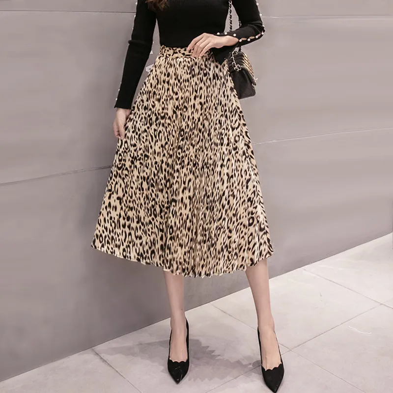 Длинные юбки леопарда для женщин корейская мода осень зима Высокая талия плиссированная юбка миди женские леопардовые юбки Атлас - Цвет: khaki leopard