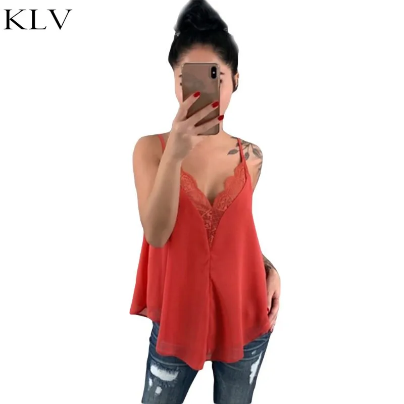 Для женщин Дамы Горячая кружевной отделкой Strappy V шеи шифон Sheer Cami партии топ, жилет Блузка бретели