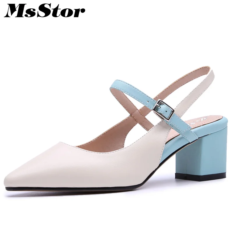 

MsStor Pointed Toe Mixed Color Sandals Women Fashion Metal Buckle High Heels Sandalias Mujer 2018 Summer Shoes Sandalia Feminina