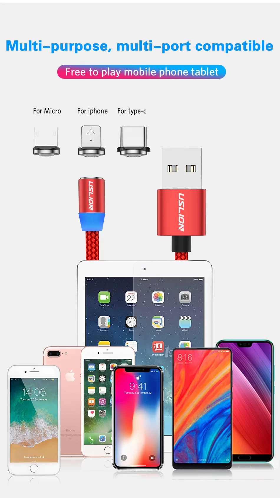 USLION 1 м 3 А магнитный usb-кабель для быстрой зарядки с разъемом типа C светодиодный магнитный кабель для Iphone XS 7 XR samsung