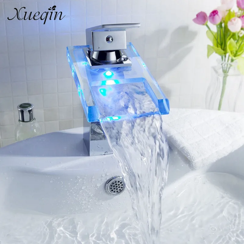Xueqin,, светодиодный стеклянный водопроводный кран для ванной, ванны, раковины, смесовый кран с одной ручкой, кухонный водопроводный кран