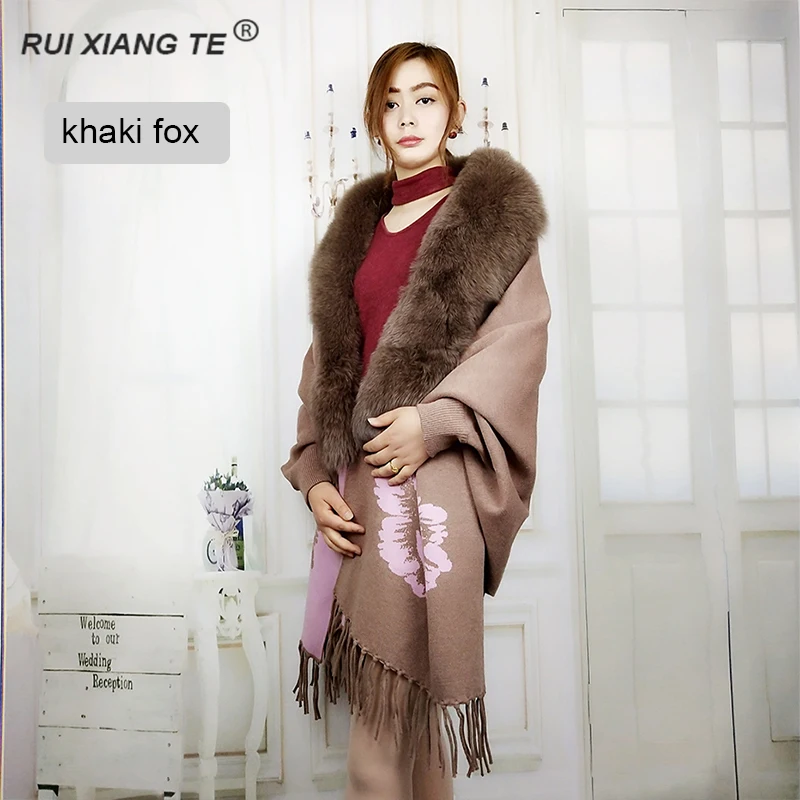 

FREE SHIPPING RuiXiangTe ladies real fur shawl with full pelt fox collar female luxury shawl real cashmere winter warm shawl