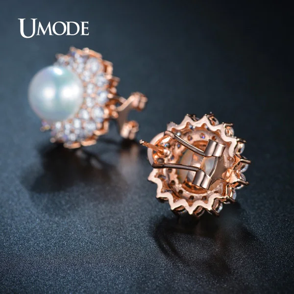 UMODE Noble Shaped Synthetic Pearl Earrings French Clip Stud Earrings Semi Joias New Rose Gold Color Jewelry Aretes UE0161A