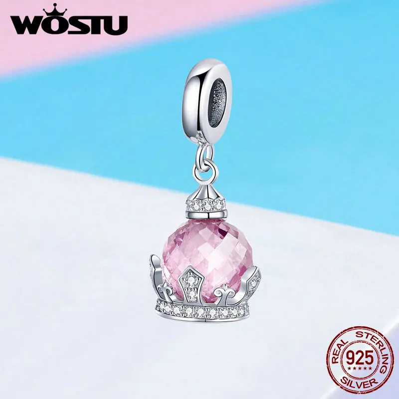 WOSTU Lucky Подвески 925 пробы серебро розовый корона с украшением в виде кристаллов бисера подходят браслет Подвеска шармы для изготовления ювелирных изделий BKC1132