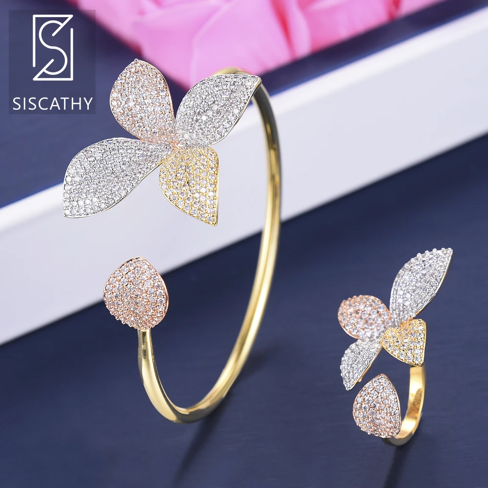 

SISCATHY Deluxe Flower Shape Nigerian Wedding Bracelet Ring Jewelry Sets Full Cubic Zirconia Inlaid Adjustable Bracelet Ring Set