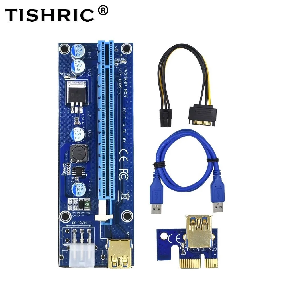 

TISHRIC 2018 Golden VER 009S Riser Card PCI-E PCIE PCI Express Molex USB 3.0 Extender Adapter LED 6Pin to SATA 1X 16X for Mining