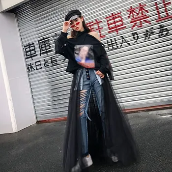 

Women Mesh Patchwork Jeans High Waist Ripped Hole Slim Denim Pants Sheer Mesh Splice Jeans