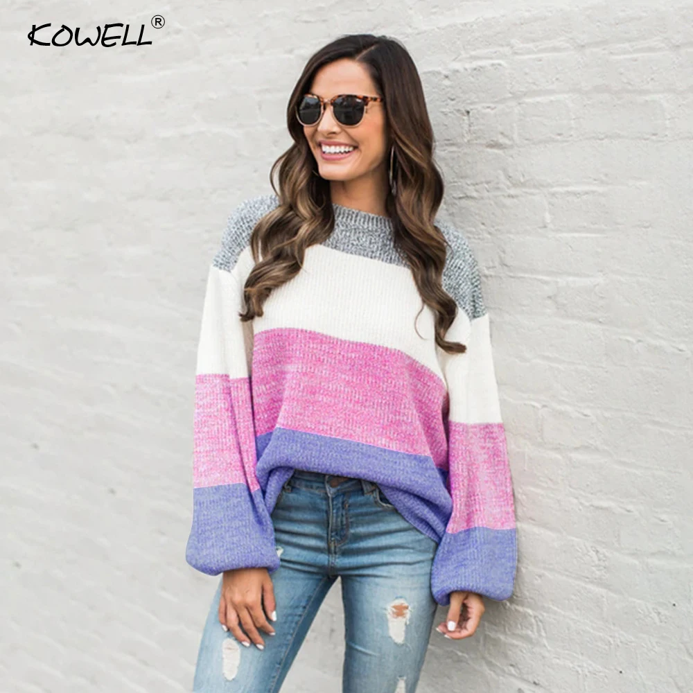 

Hot Sell 2018 New Women Autumn And Winter Four Colors Patchwork Sweaters Long Sleeve Round Neck Pullover Loose Women Sweater