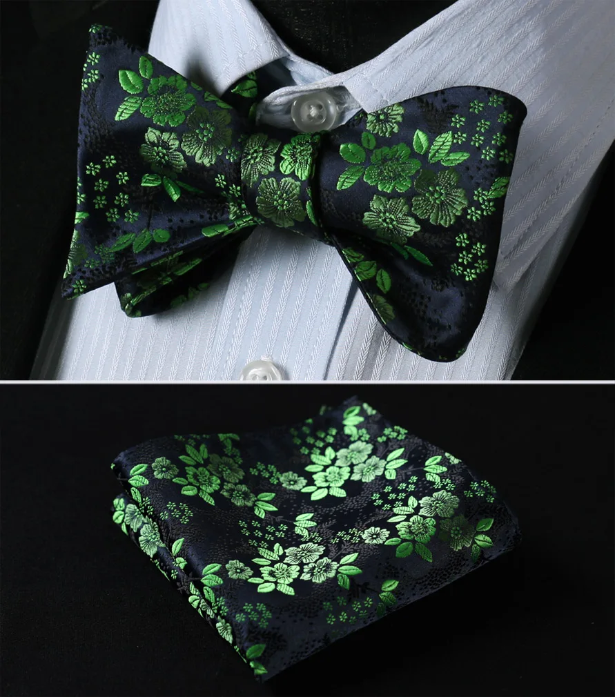  BF3001VS Green Navy Blue Folral Bowtie Men Silk Self Bow Tie handkerchief set Pocket Square Classic