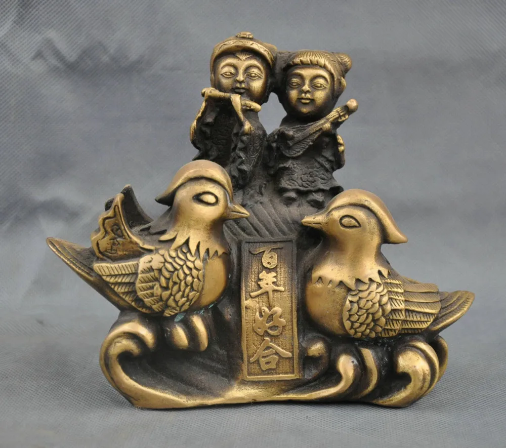 

8" China Bronze Children Kid Sweetheart Love 2 Mandarin Duck Yuan Yang Statue