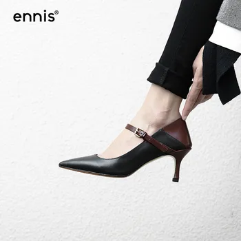 

ENNIS 2019 Spring New Pointed High Heels Women Pumps Shoes Genuine Leather Thin High Heels Black Beige Lady Mary Jane Shoes H902