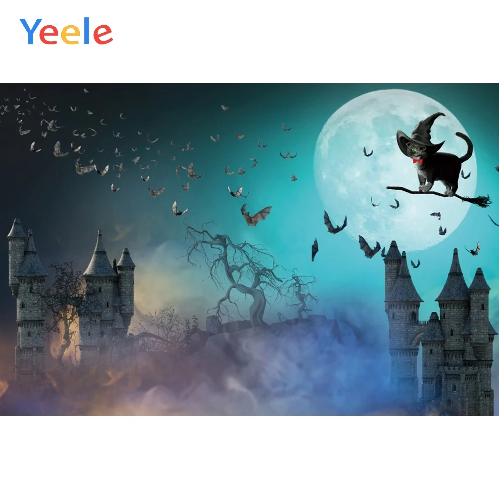 

Yeele Halloween Forest Castle Blue Fog Magic Cat Bat Photography Backgrounds Customized Photographic Backdrops for Photo Studio