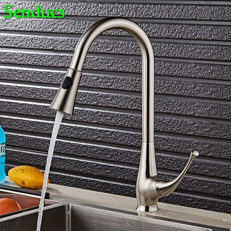 

Senducs Pull Down Brushed Kitchen Mixer Tap Deck Mounted Hot Cold Kitchen Sink Mixer Tap Quality Brass Kitchen Sink Faucet