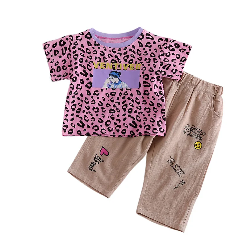Summer Girls Tracksuit 2019 Toddler Clothes Set Casual Girls Boutique Outfits Leopard Printed Tops Tees + Pants 8 10 12 14 Years